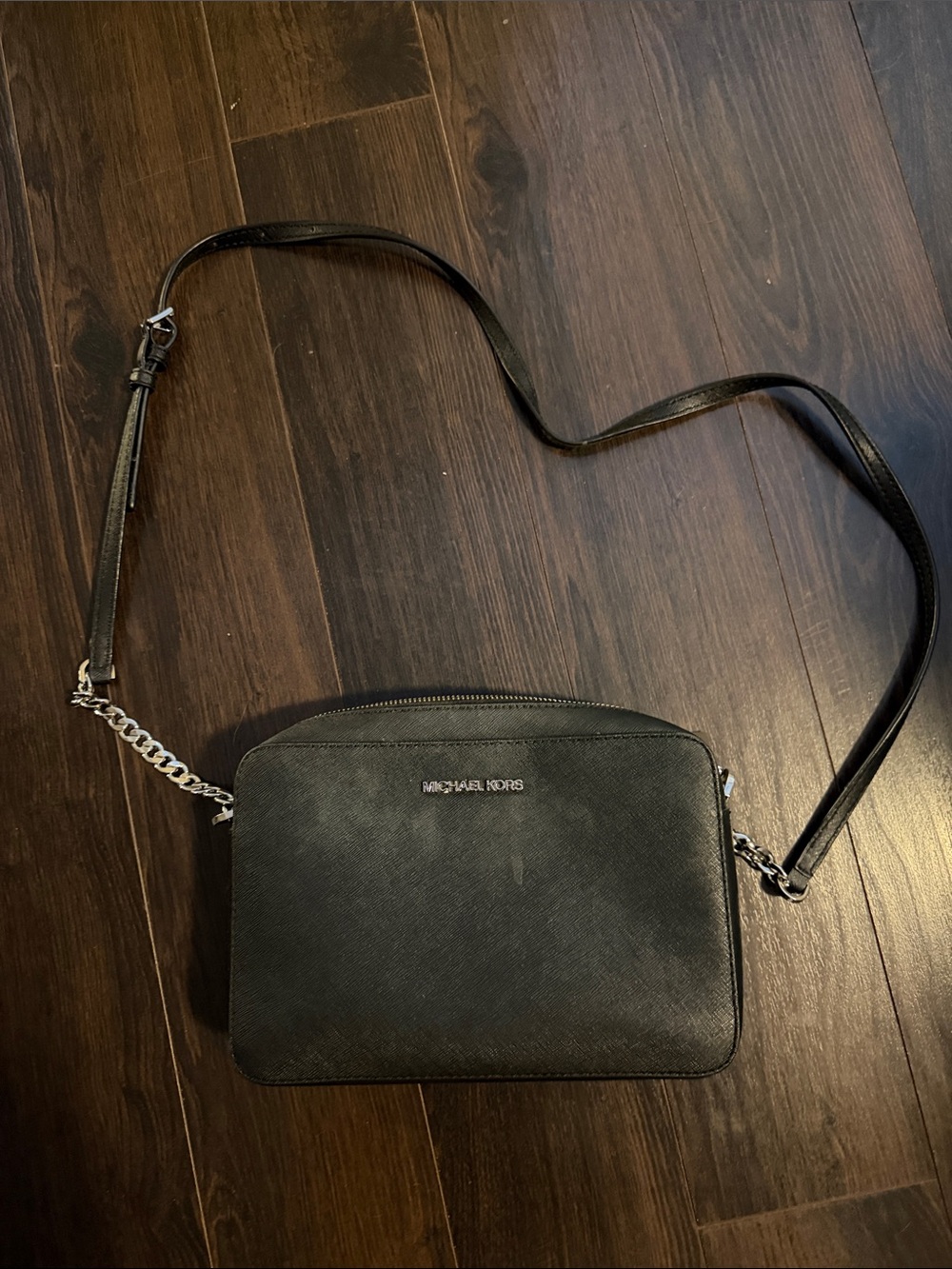 Michael Kors Black Saffiano Crossbody with Silver Chain